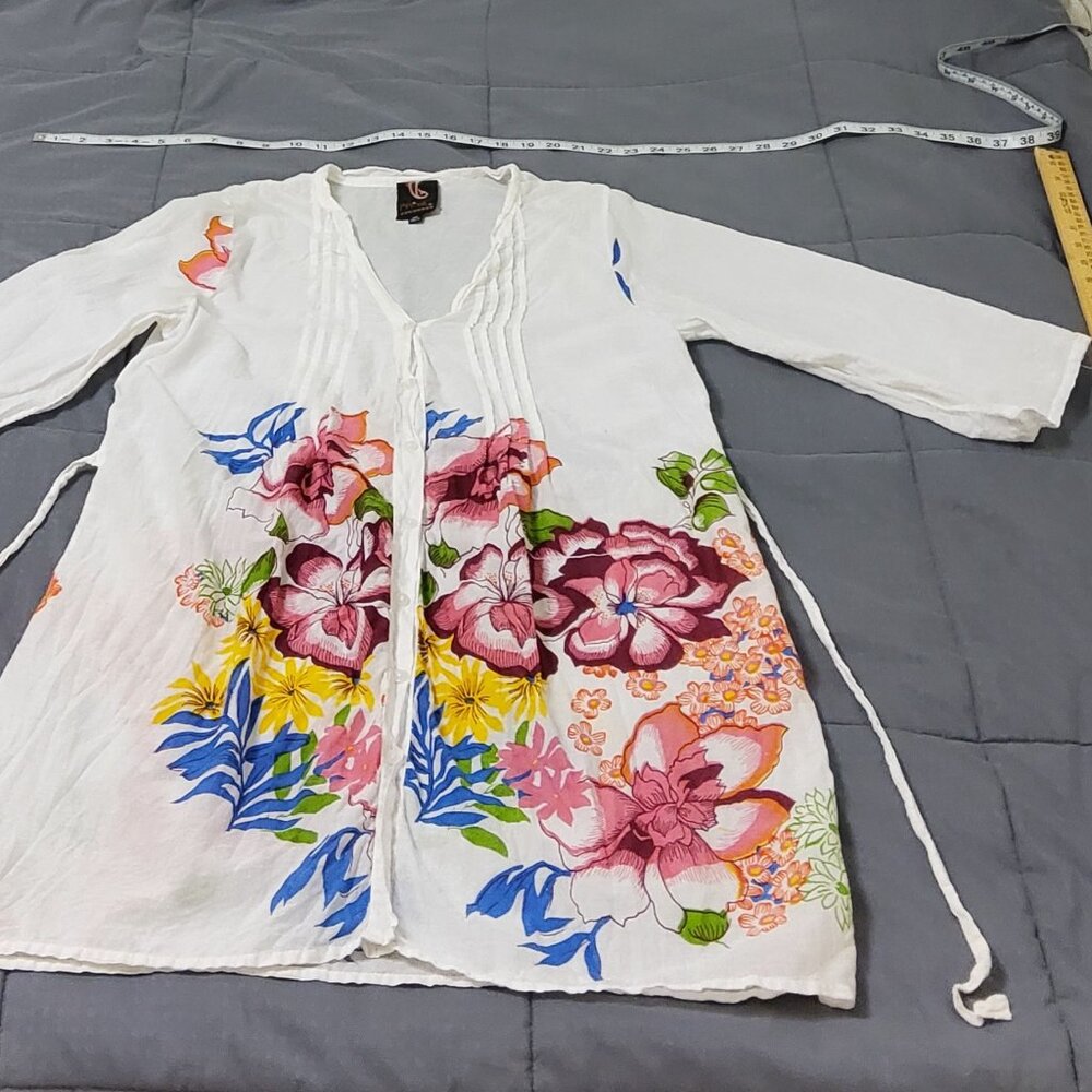 Boho White Cotton Floral Tunic Dress Artisanal Summer Beach Cover-Up - Picture 3 of 5